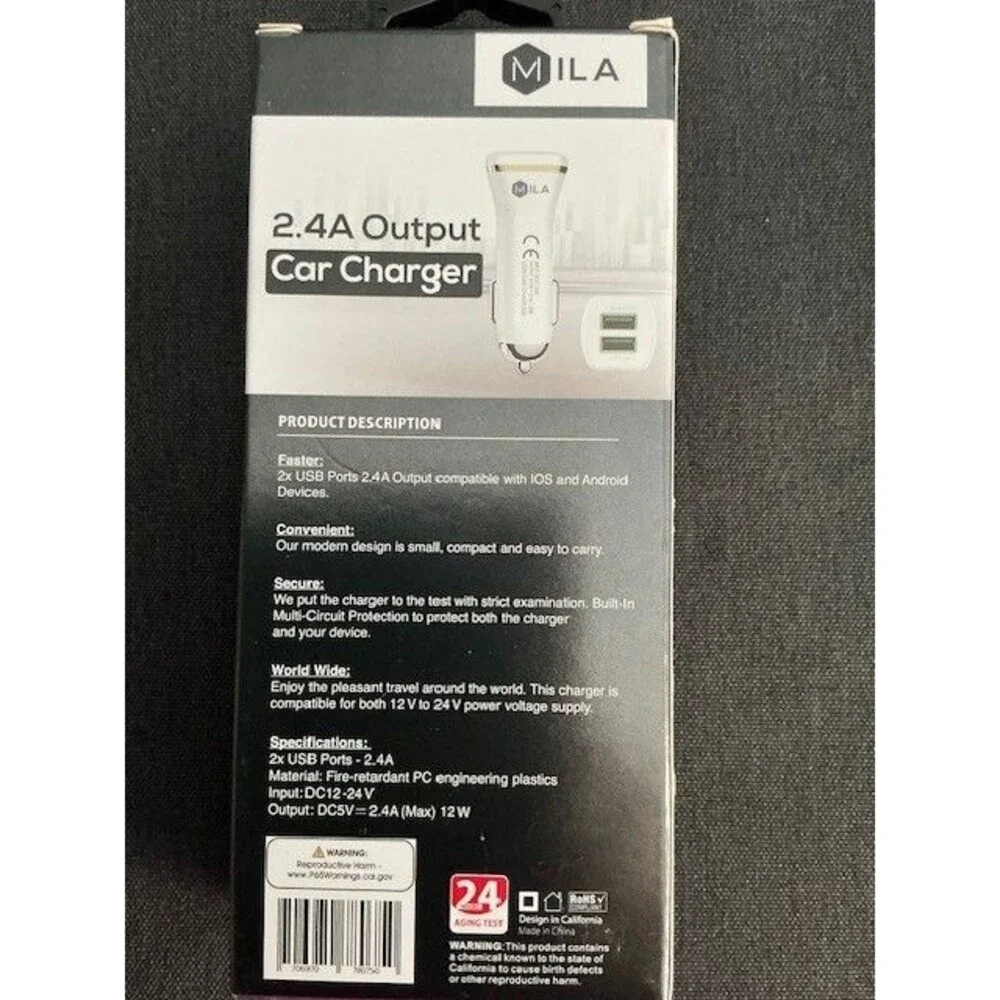 MILA Car Charger 2.4 A Output 2 Port 3.2 FT White IOS & Android Devices